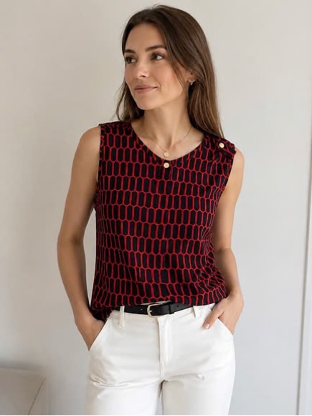 MICHAEL KORS Orange & Navy Blue Geometric Sleeveless Blouse - Size 8